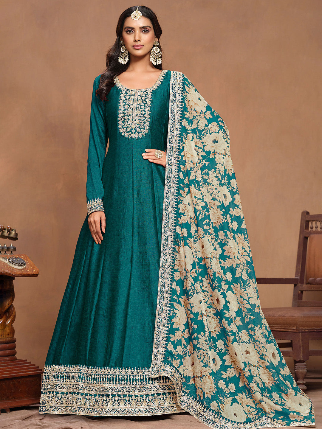 Embroidered Art Silk Semi Stitched Gown With Dupatta