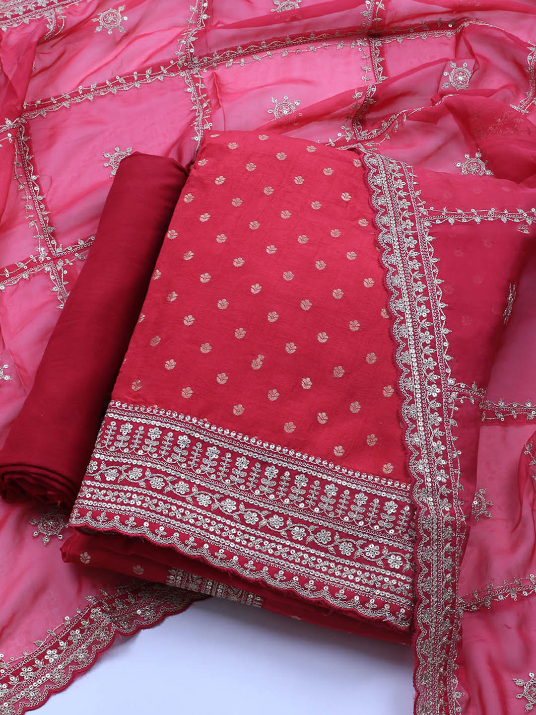 Embroidered Art Silk Unstitched Suit Piece With Dupatta