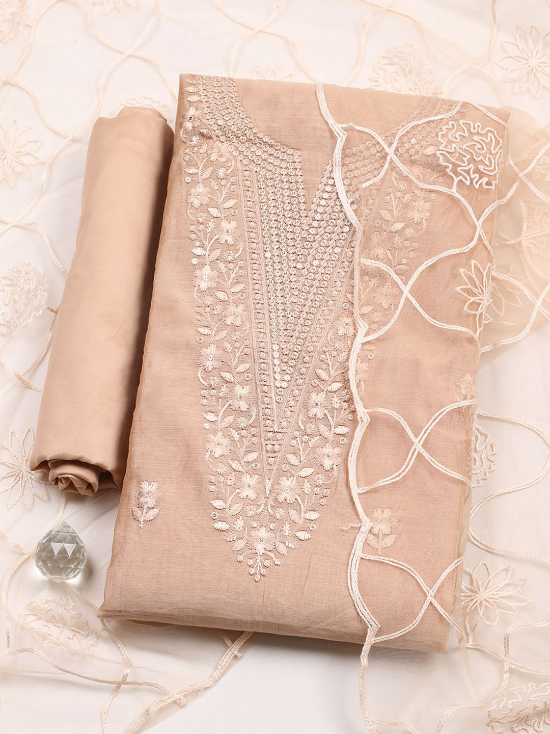 Embroidered Chanderi Unstitched Suit With Pant &amp; Dupatta