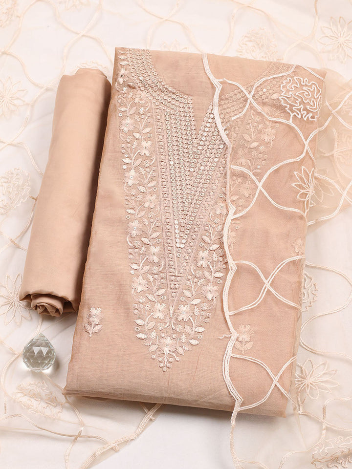 Embroidered Chanderi Unstitched Suit With Pant &amp; Dupatta