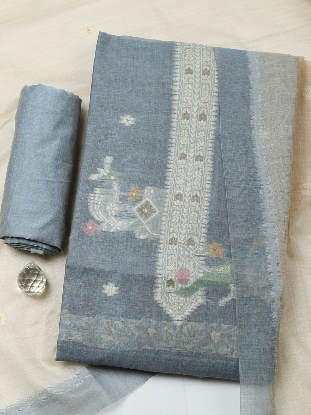 Printed Chanderi Unstitched Suit With Pant &amp; Dupatta