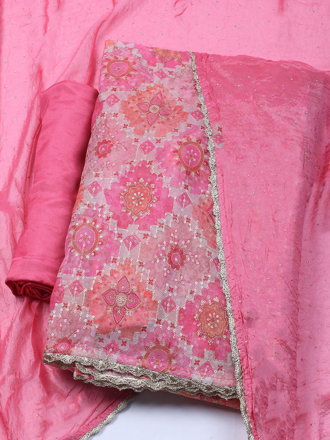 Neck Embroidered Chinon Unstitched Suit With Dupatta