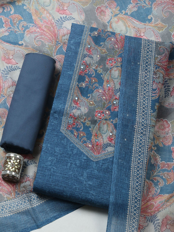 Embroidered Linen Blend Unstitched Suit With Pant &amp; Dupatta
