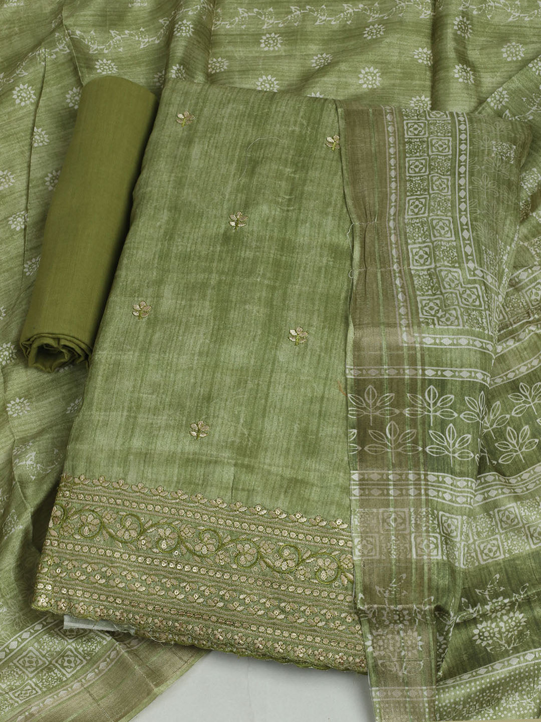 Embroidered Chanderi Unstitched Suit With Pant &amp; Dupatta