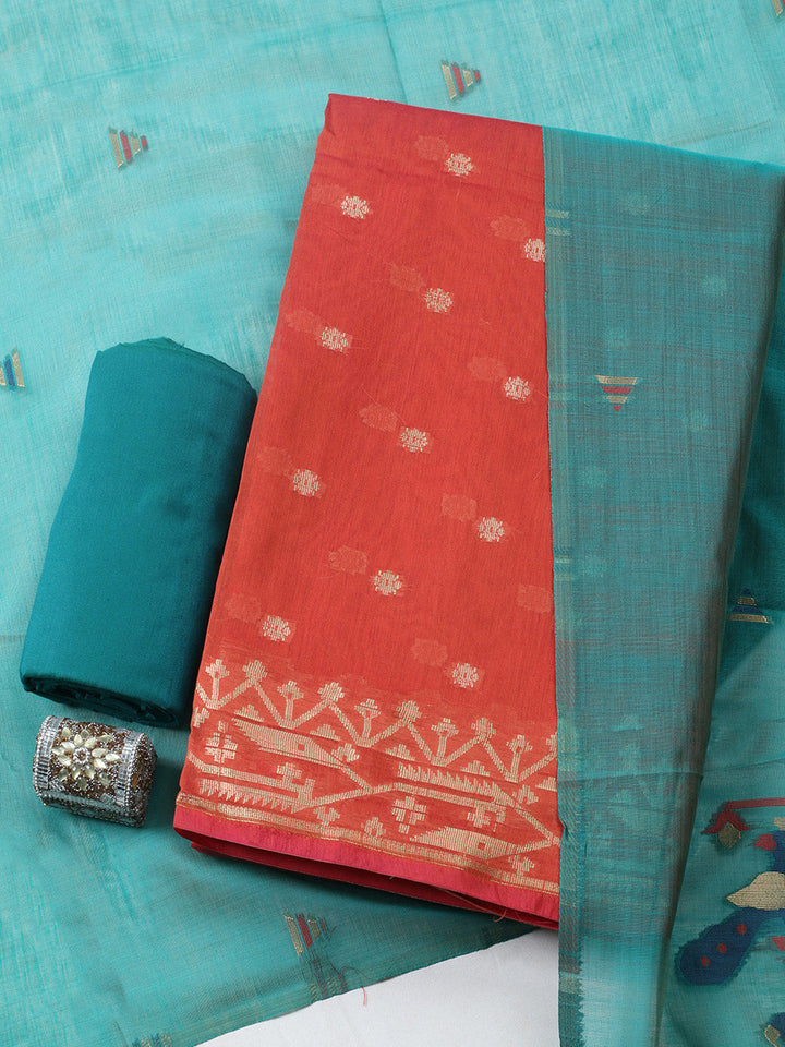 Printed Chanderi Unstitched Suit With Pant &amp; Dupatta