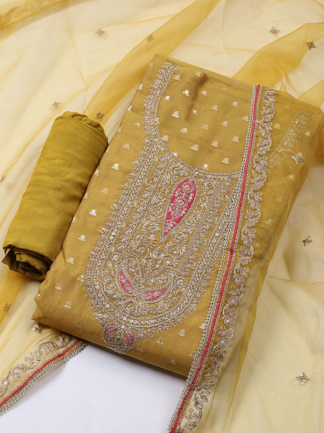 Neck Embroidered Chanderi Unstitched Suit With Dupatta
