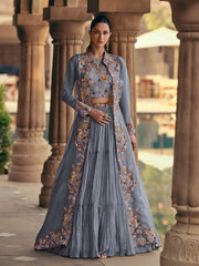 Embroidered Gerogette Choli & Lehenga With Jacket