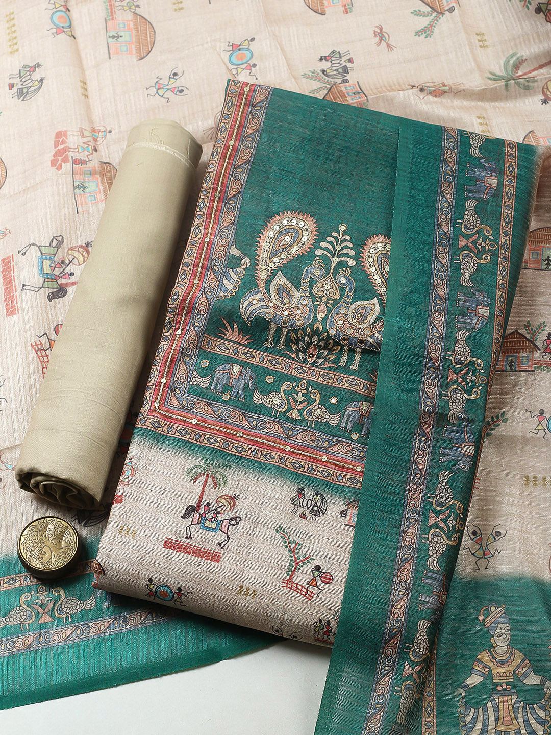 Embroidered Chanderi Unstitched Suit With Pant &amp; Dupatta