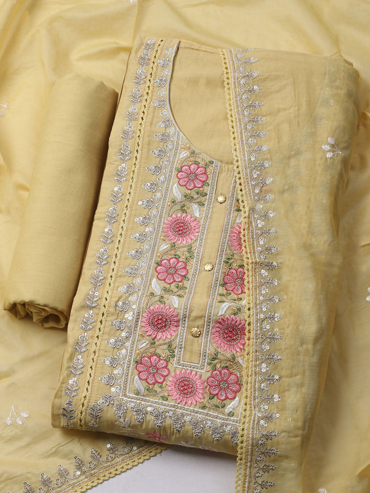 Embroidered Chanderi Unstitched Kurta With Pant &amp; Dupatta
