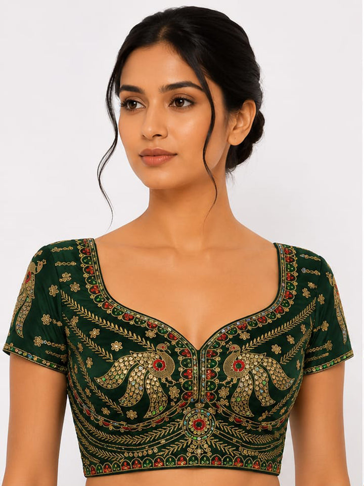 Premium Dark-Green Embroidery Viscose Blouse Piece
