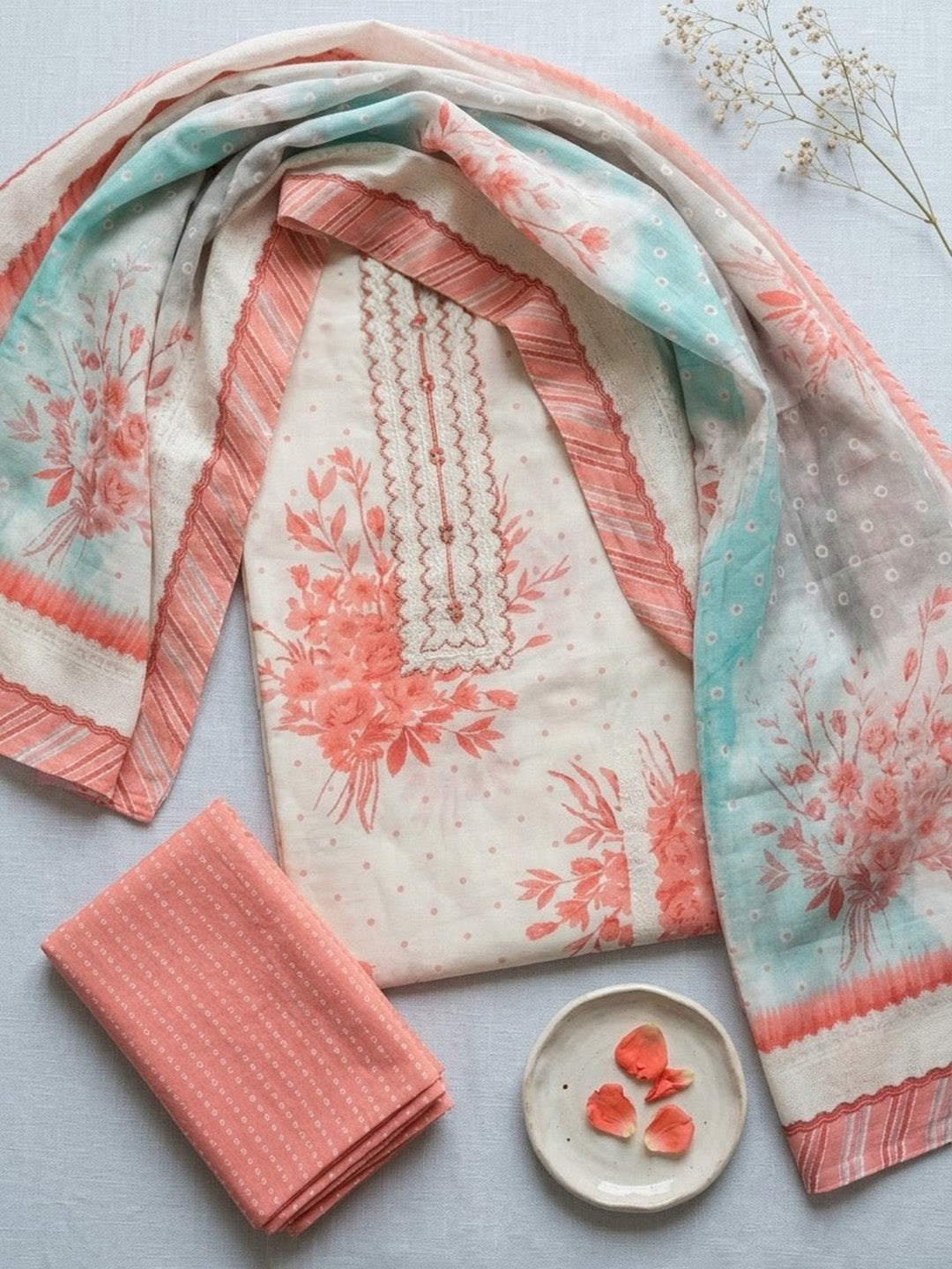 Printed Cotton Blend Unstitched Suit With Pant &amp; Dupatta
