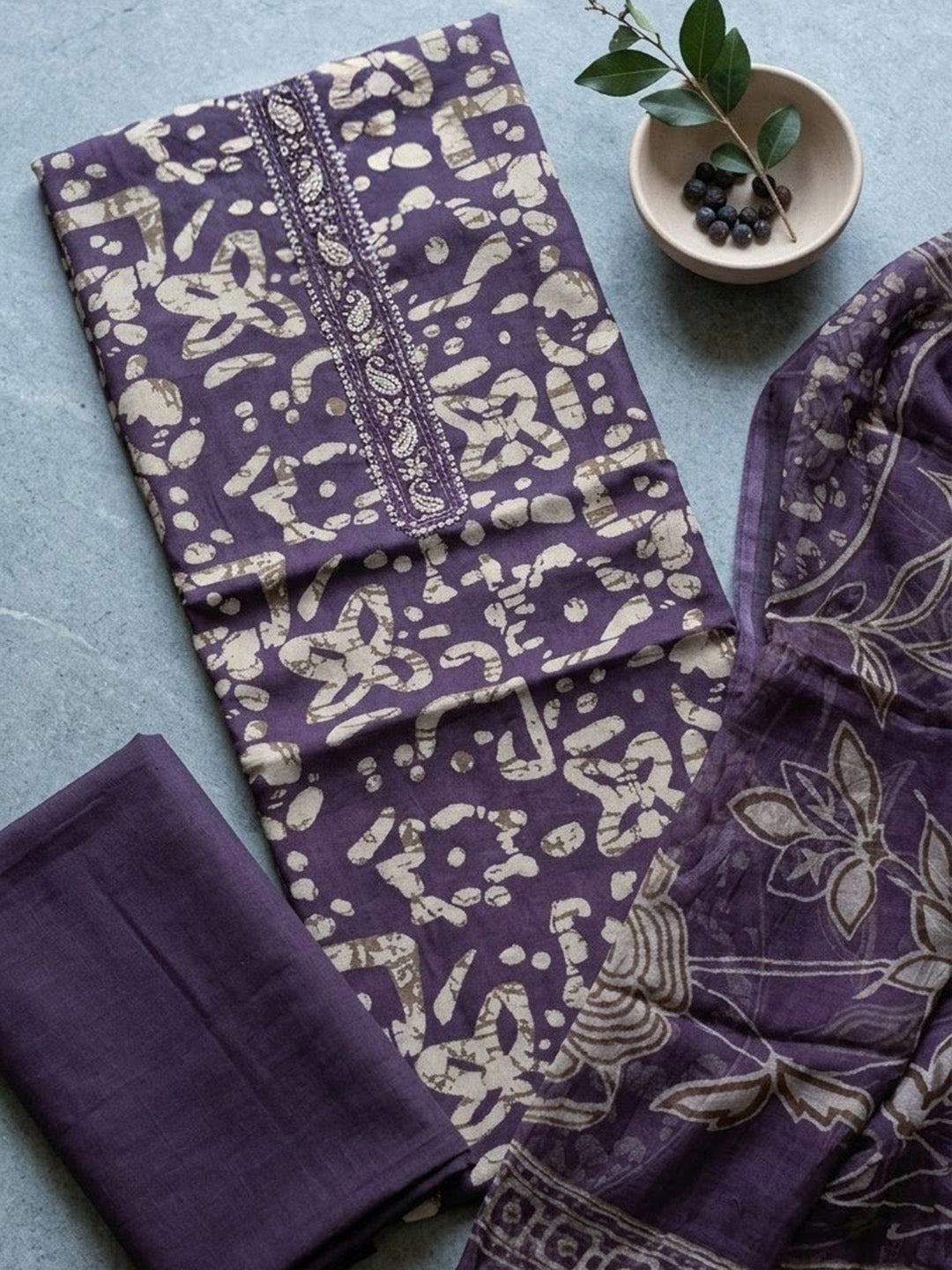 Printed Cotton Blend Unstitched Suit With Pant &amp; Dupatta