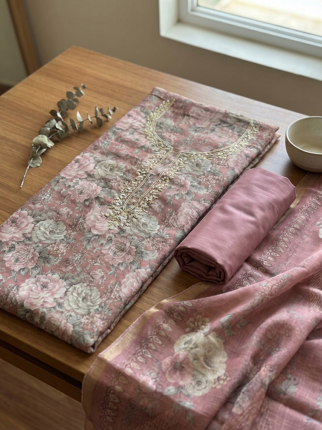 Embroidered Chanderi Unstitched Suit With Pant &amp; Dupatta