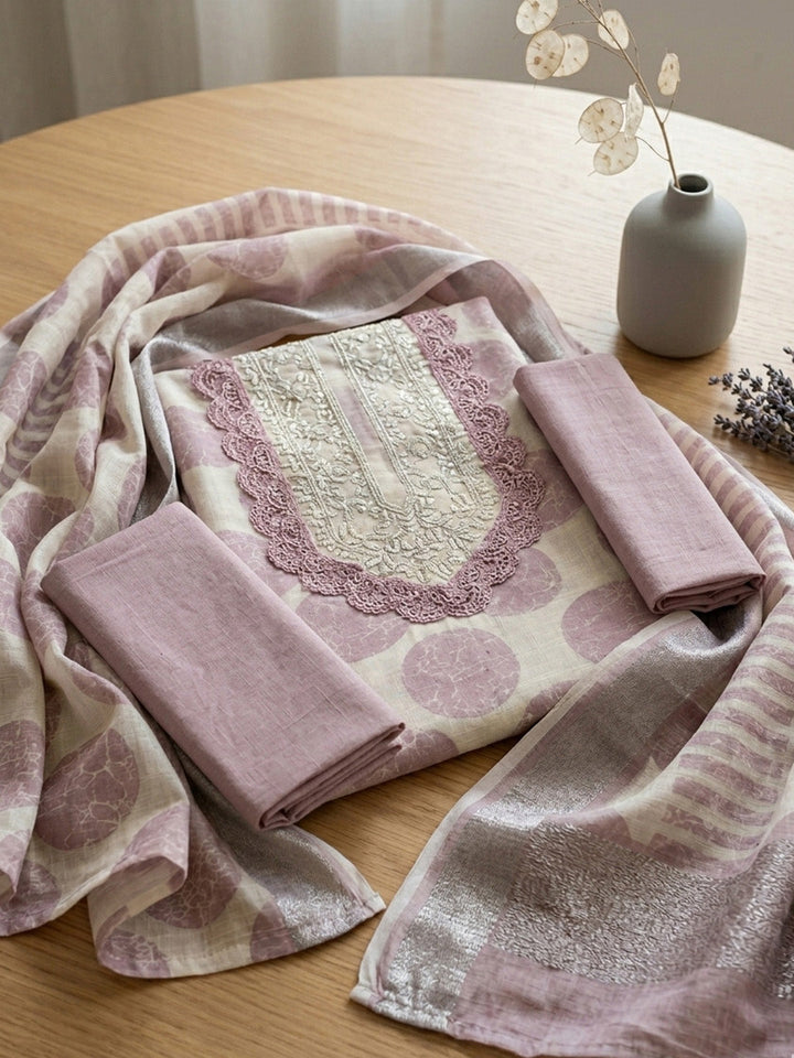 Embroidered Linen Blend Unstitched Suit With Pant &amp; Dupatta
