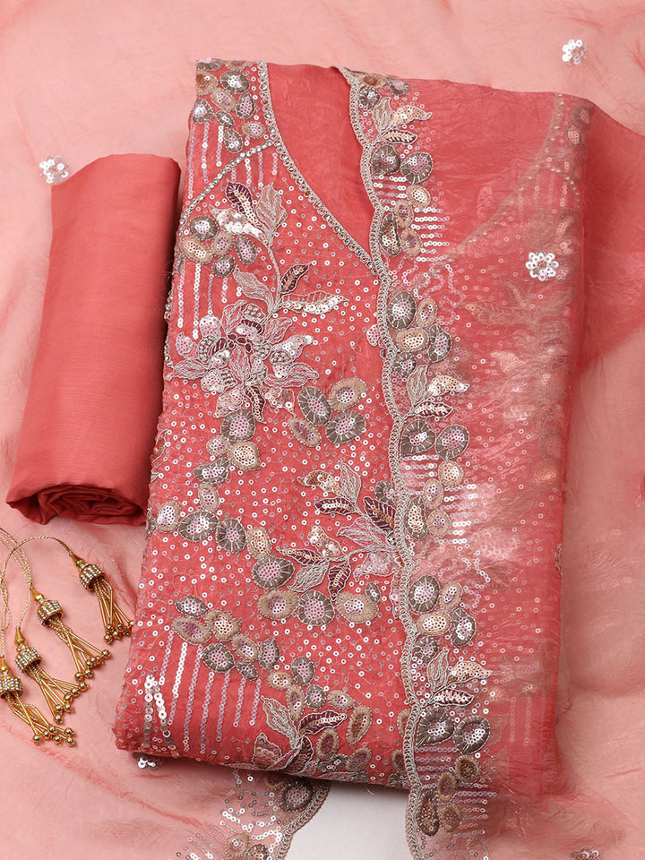 Embroidered Organza Unstitched Suit With Pant &amp; Dupatta