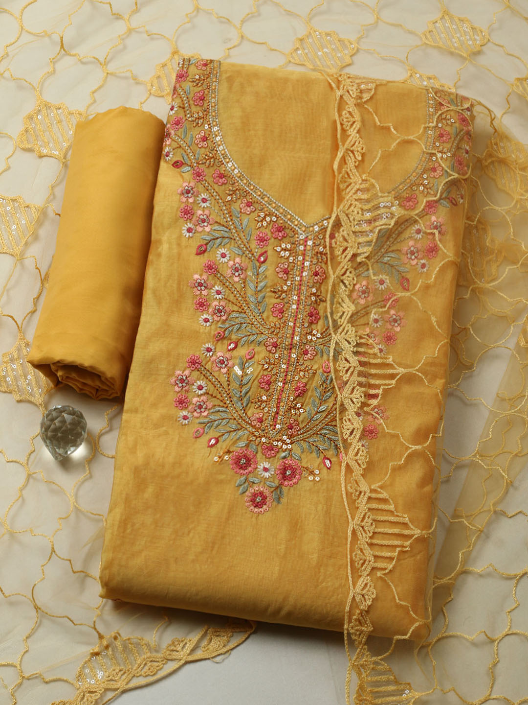 Embroidered Chanderi Unstitched Suit With Pant &amp; Dupatta