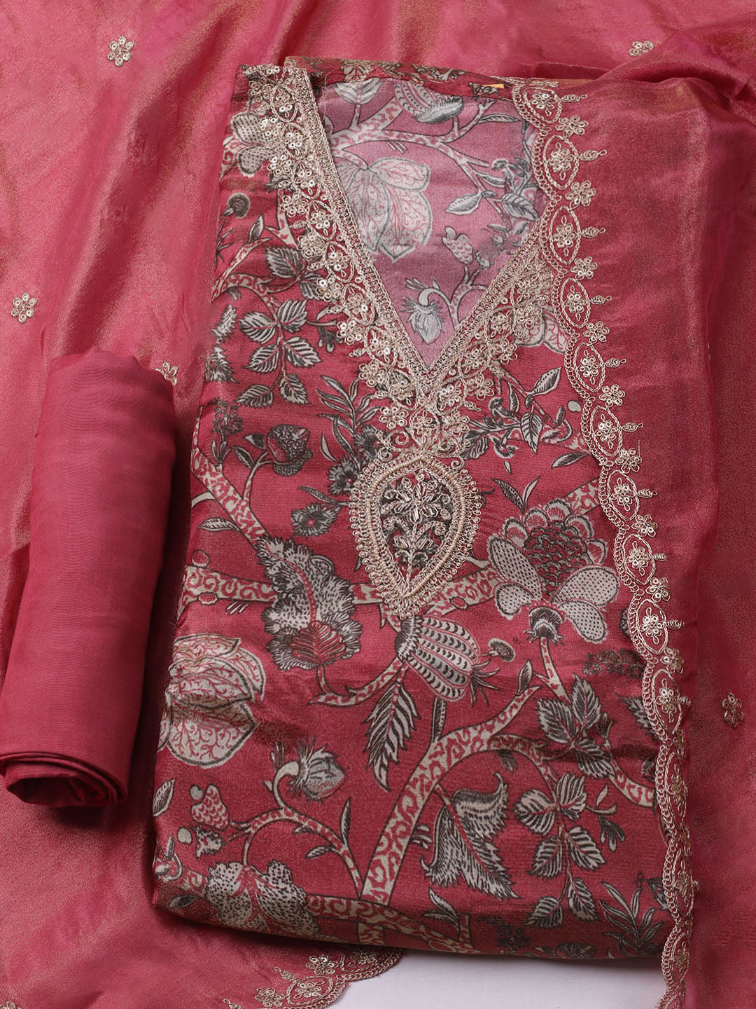 Embroidered Tissue Unstitched Kurta With Pant &amp; Dupatta