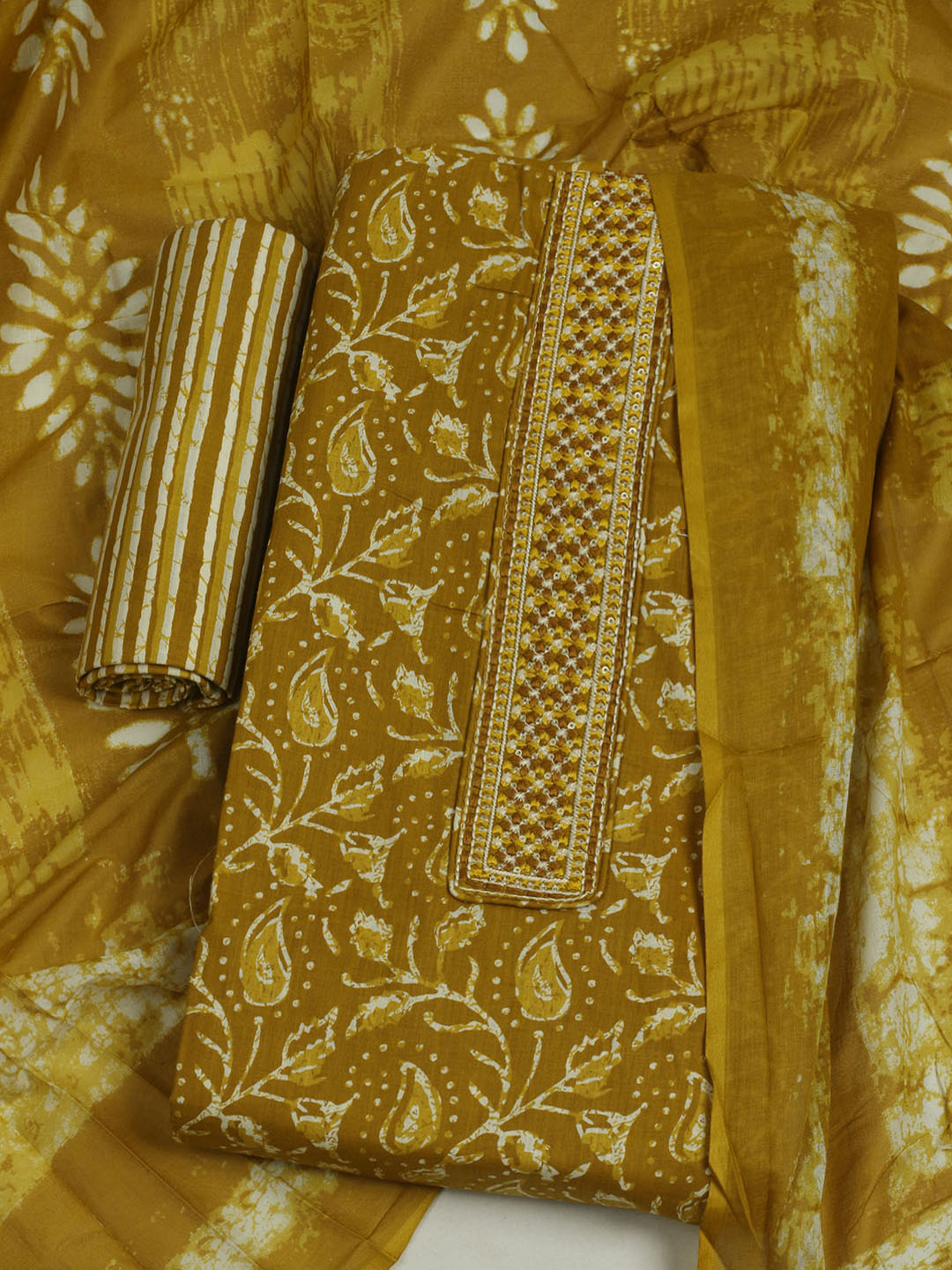 Printed Cotton Unstitched Suit With Pant &amp; Dupatta