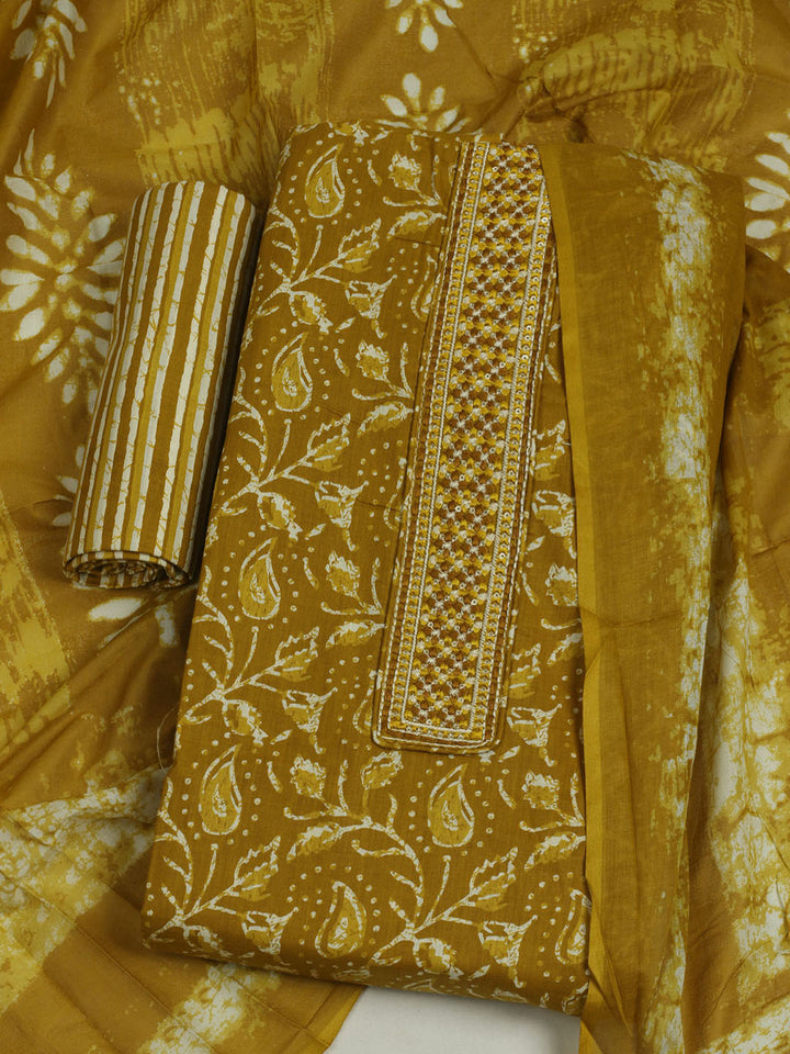 Printed Cotton Unstitched Suit With Pant &amp; Dupatta