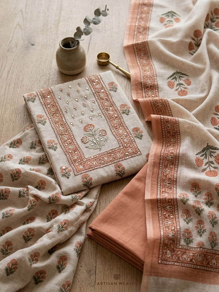 Printed Cotton Blend Unstitched Suit With Pant &amp; Dupatta