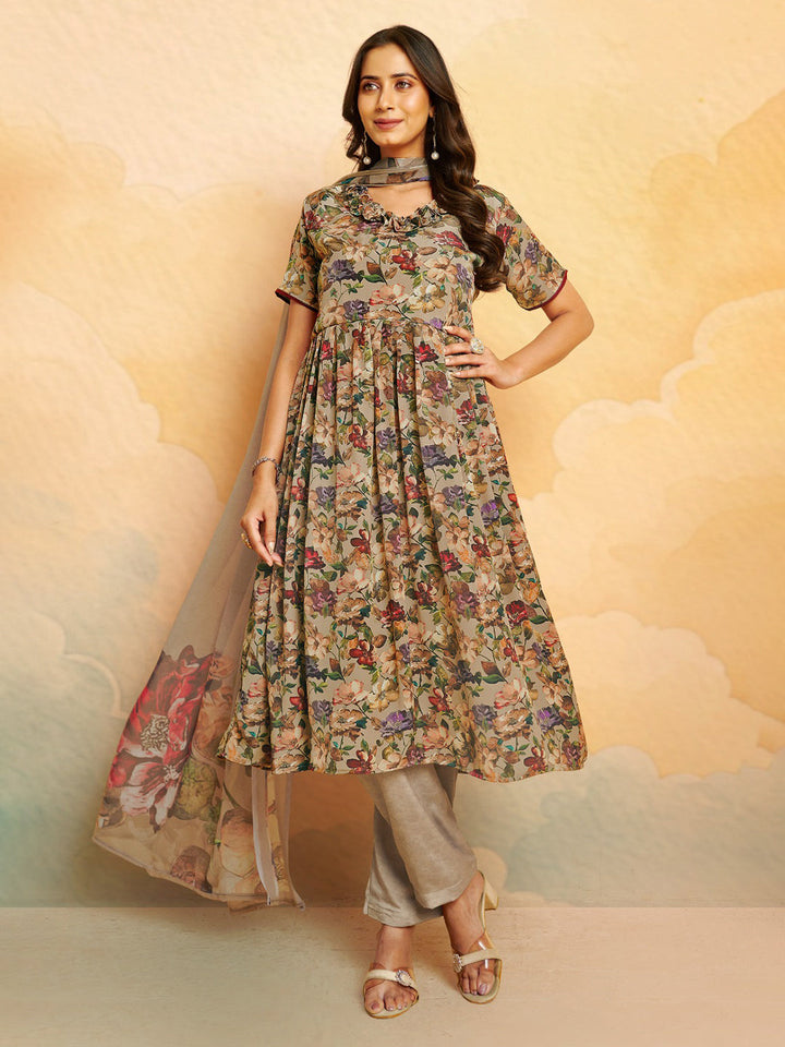 Printed Crepe Unstitched Suit With Pant &amp; Dupatta