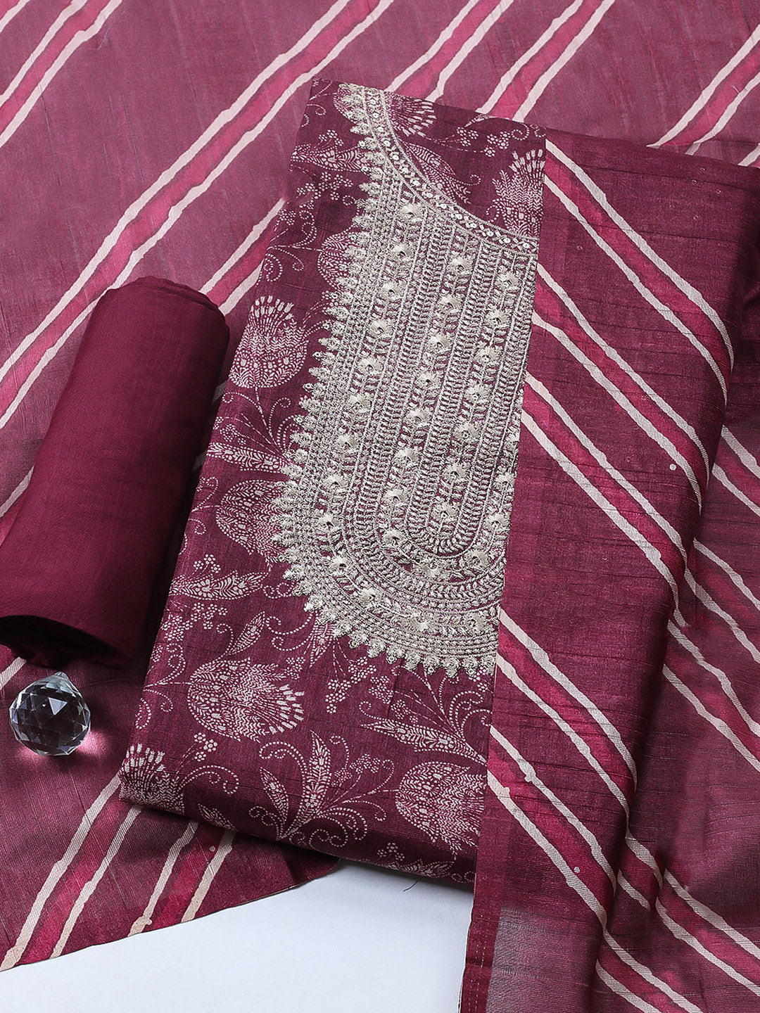 Embroidered Cotton Blend Unstitched Suit With Pant &amp; Dupatta