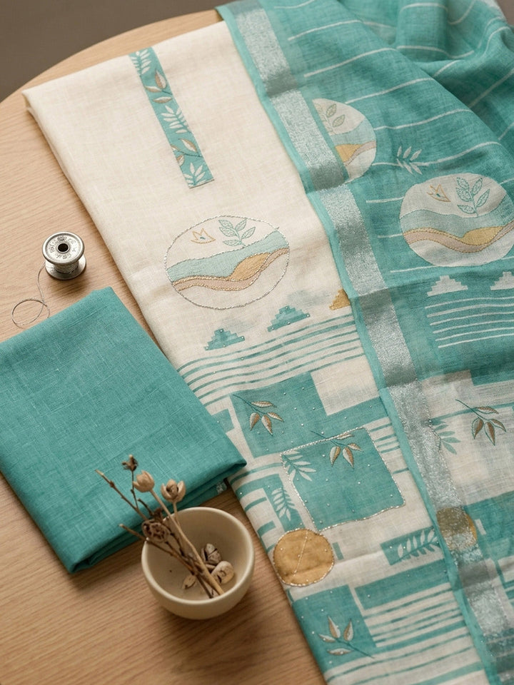 Embroidered Linen Blend Unstitched Suit With Pant &amp; Dupatta