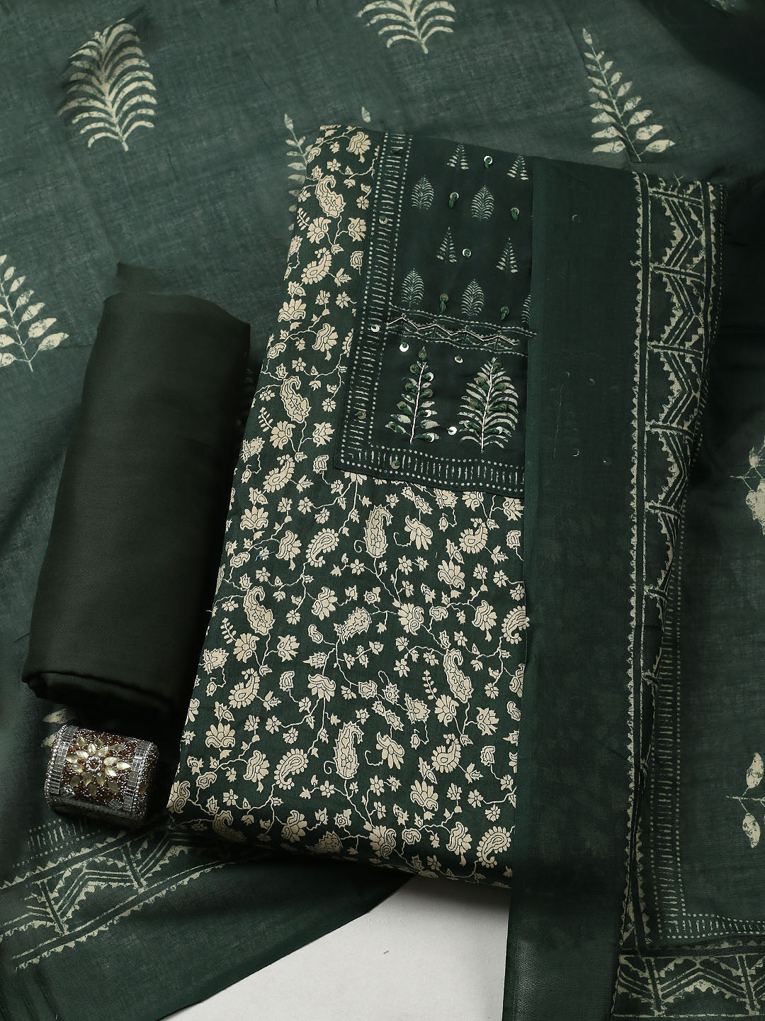 Printed Cotton Blend Unstitched Suit With Pant &amp; Dupatta