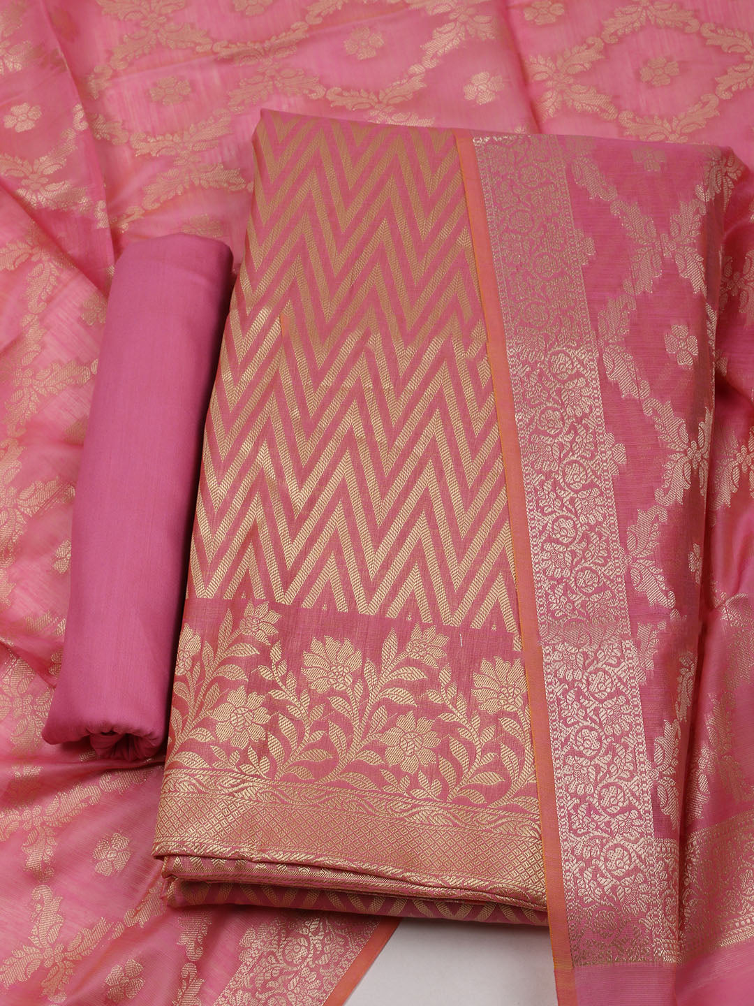 Printed Chanderi Unstitched Suit With Dupatta