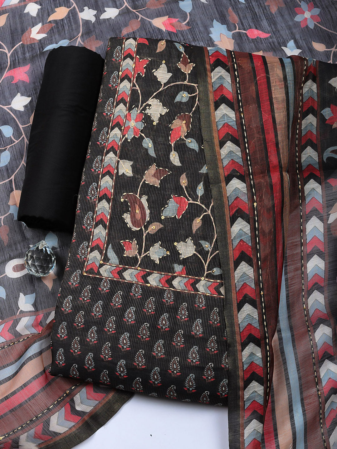 Embroidered Tissue Unstitched Suit With Pant &amp; Dupatta