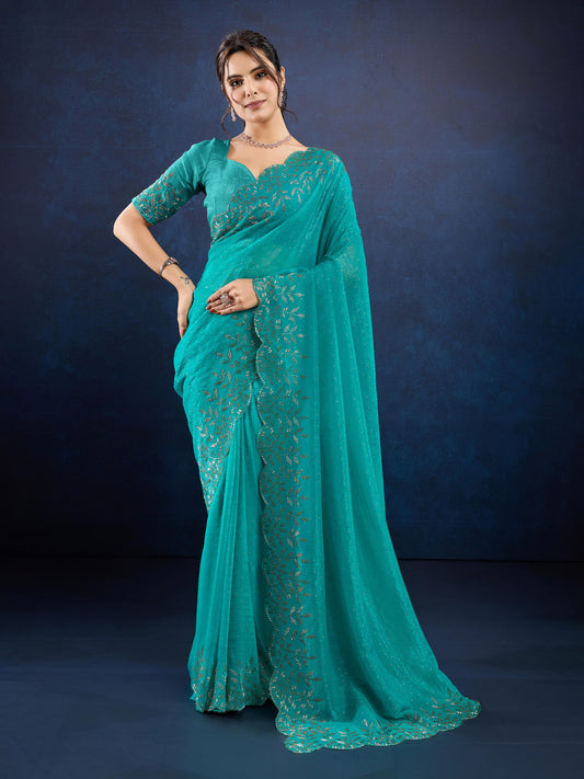 Stone Embroidery Chinon Saree