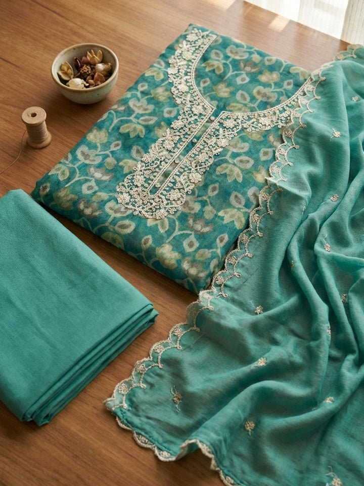 Embroidered Cotton Blend Unstitched Suit With Pant &amp; Dupatta