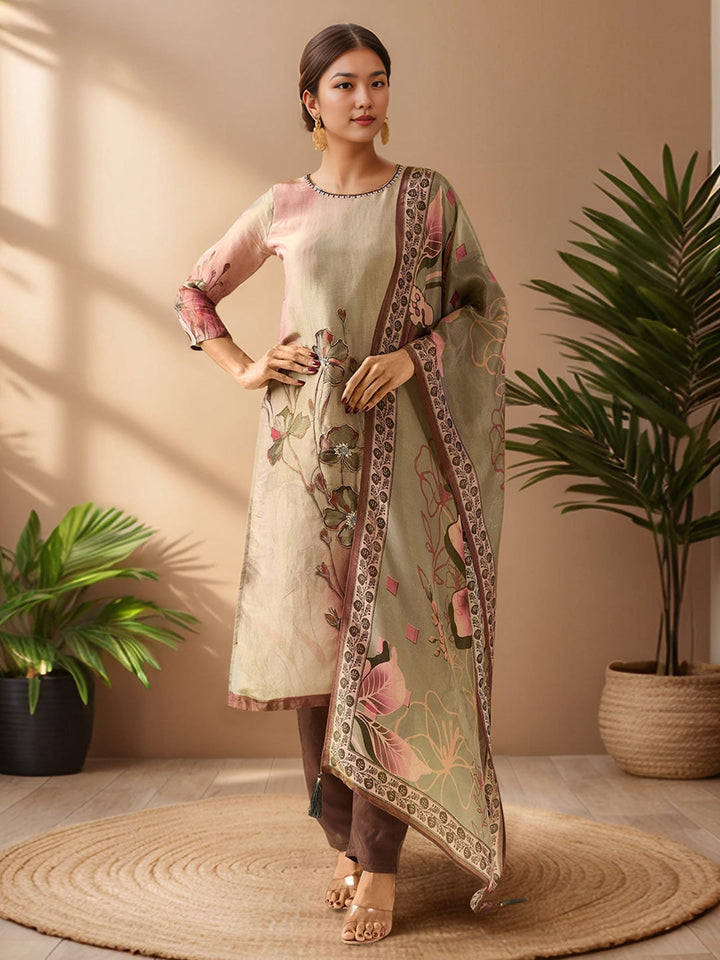 Neck Embroidery Tissue Kurta With Pants &amp; Dupatta