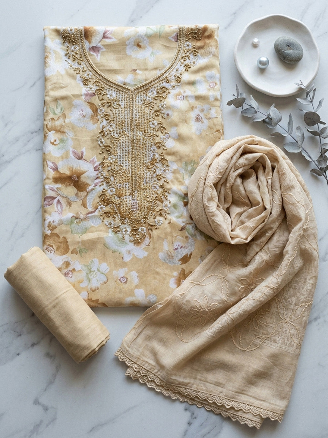 Embroidered Cotton Blend Unstitched Suit With Pant &amp; Dupatta
