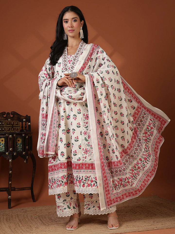 Printed Cotton Blend Kurta With Pant &amp; Dupatta
