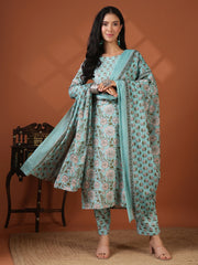 Printed Cotton Blend Kurta With Pant & Dupatta