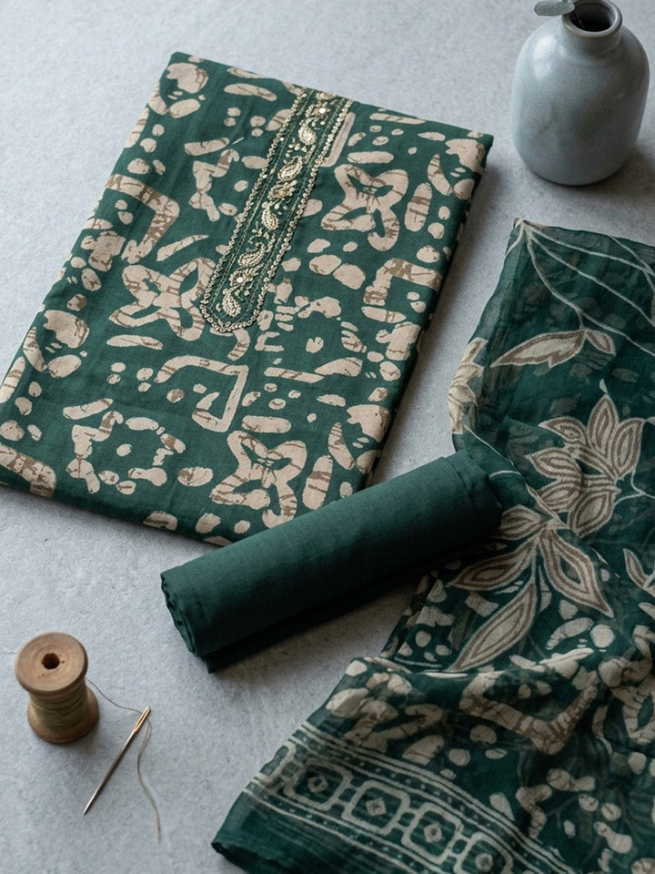 Printed Cotton Blend Unstitched Suit With Pant &amp; Dupatta