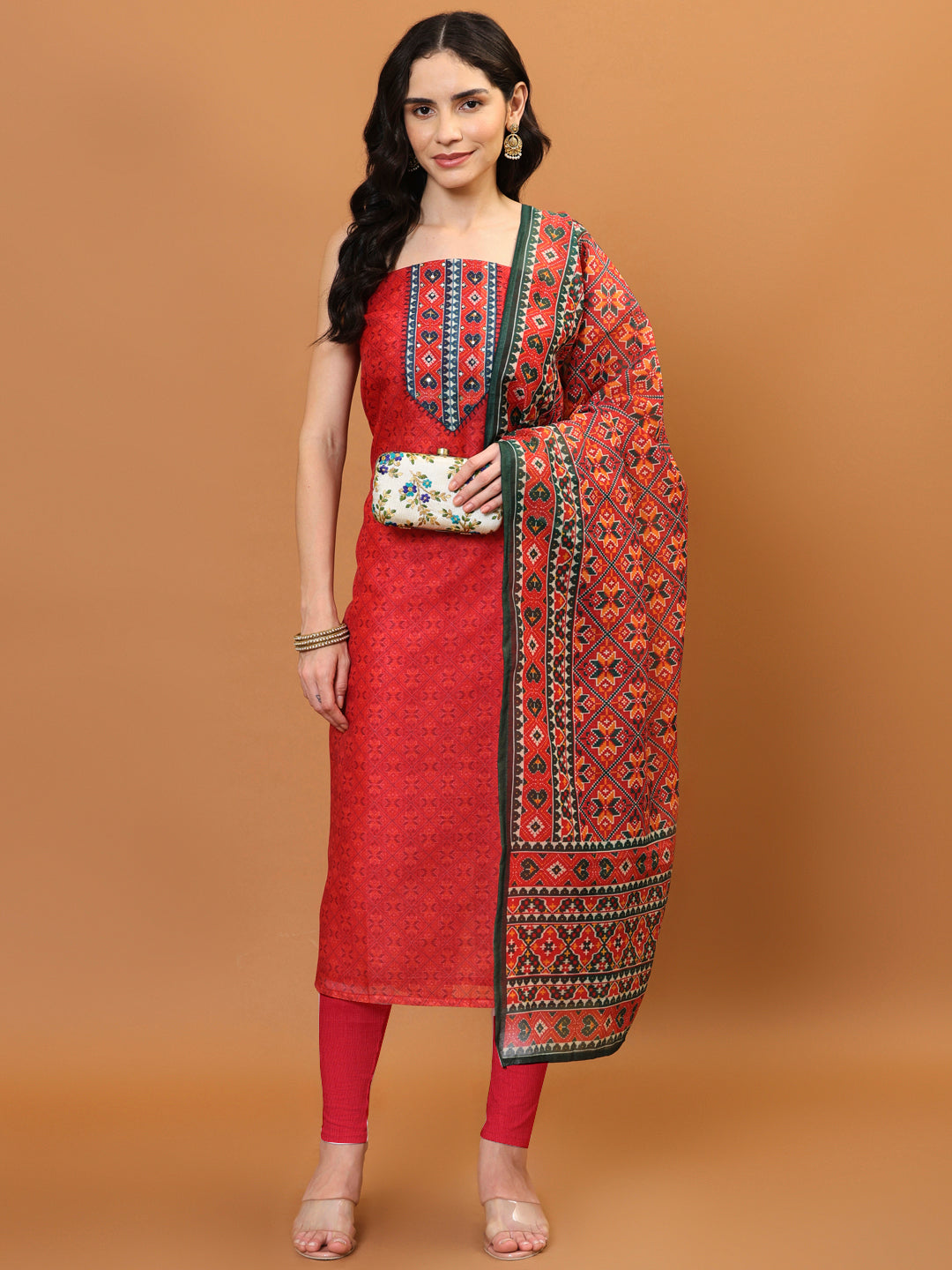 Printed Chanderi Unstitched Suit Piece With Dupatta
