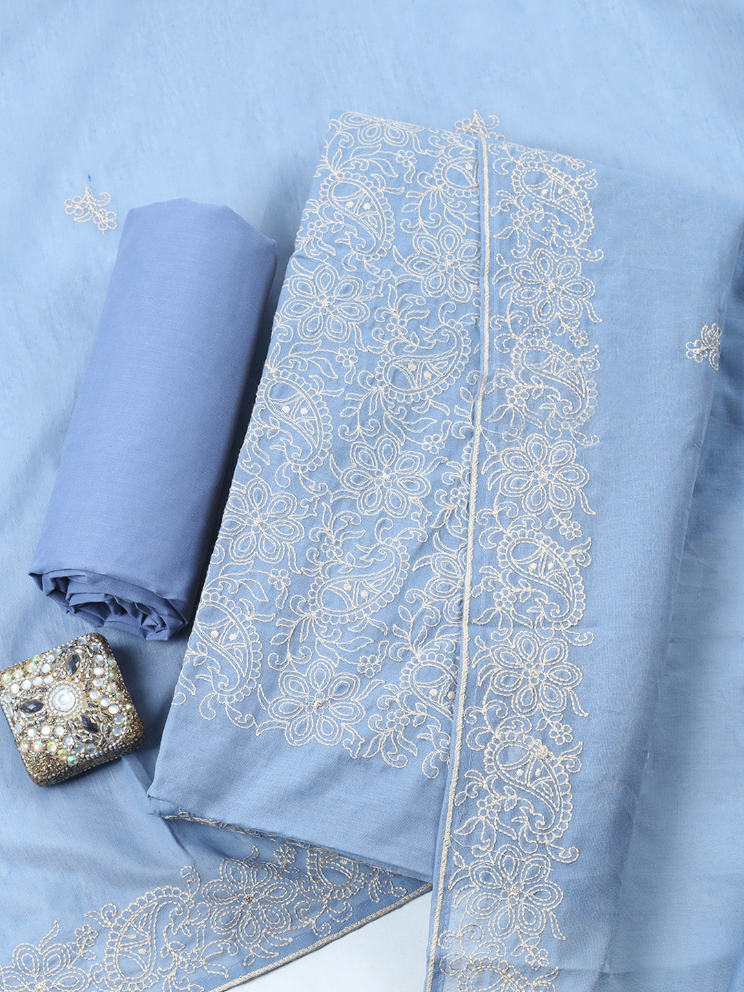 Embroidered Cotton Blend Unstitched Suit With Pant &amp; Dupatta