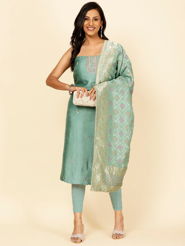 Neck Embroidered Chanderi Unstitched Suit Piece With Dupatta