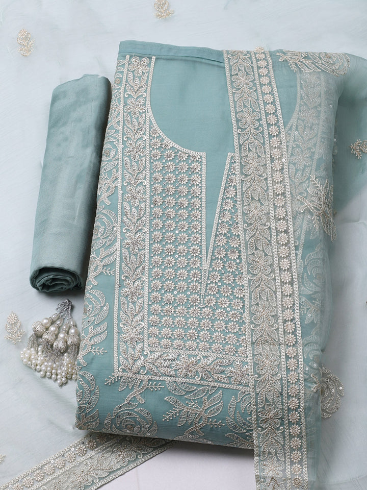 Embroidered Organza Unstitched Suit With Pant &amp; Dupatta