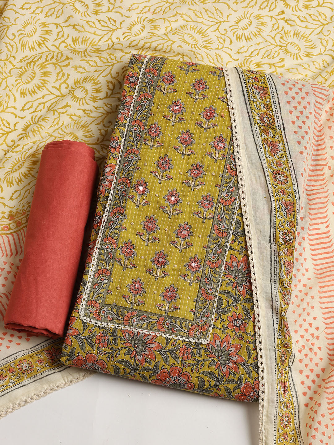 Printed Cotton Blend Unstitched Suit With Dupatta