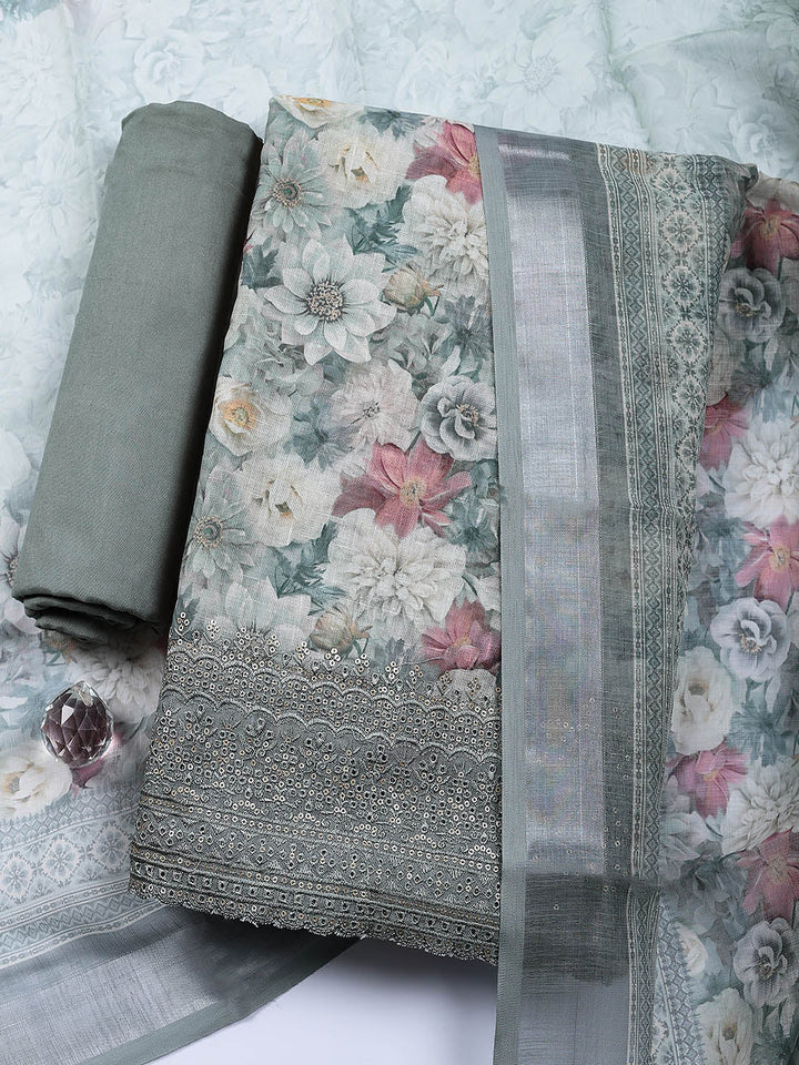 Embroidered Linen Blend Unstitched Suit With Pant &amp; Dupatta