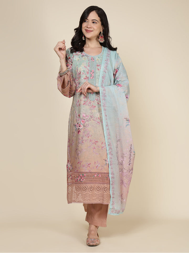 Printed Cotton Blend Kurta With Pants &amp; Dupatta