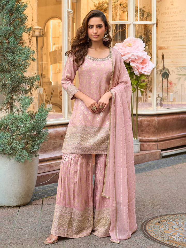 Embroidered Art Silk Suit With Plazzo &amp; Dupatta