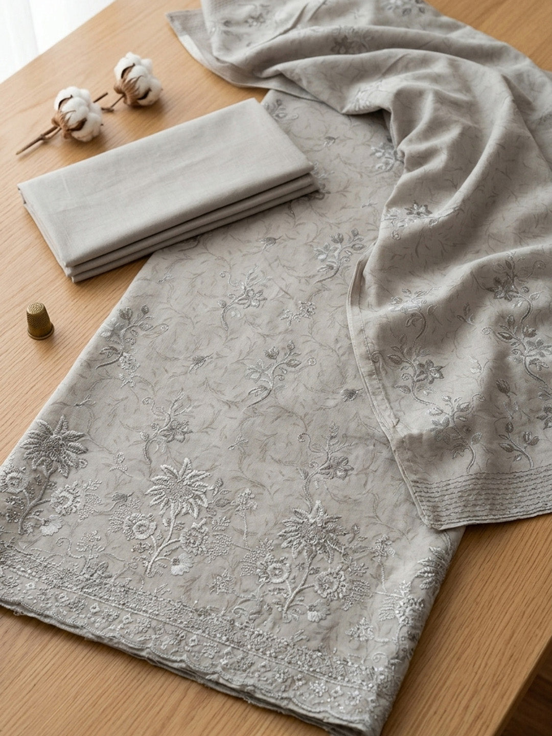 Embroidered Cotton Blend Unstitched Suit With Pant &amp; Dupatta