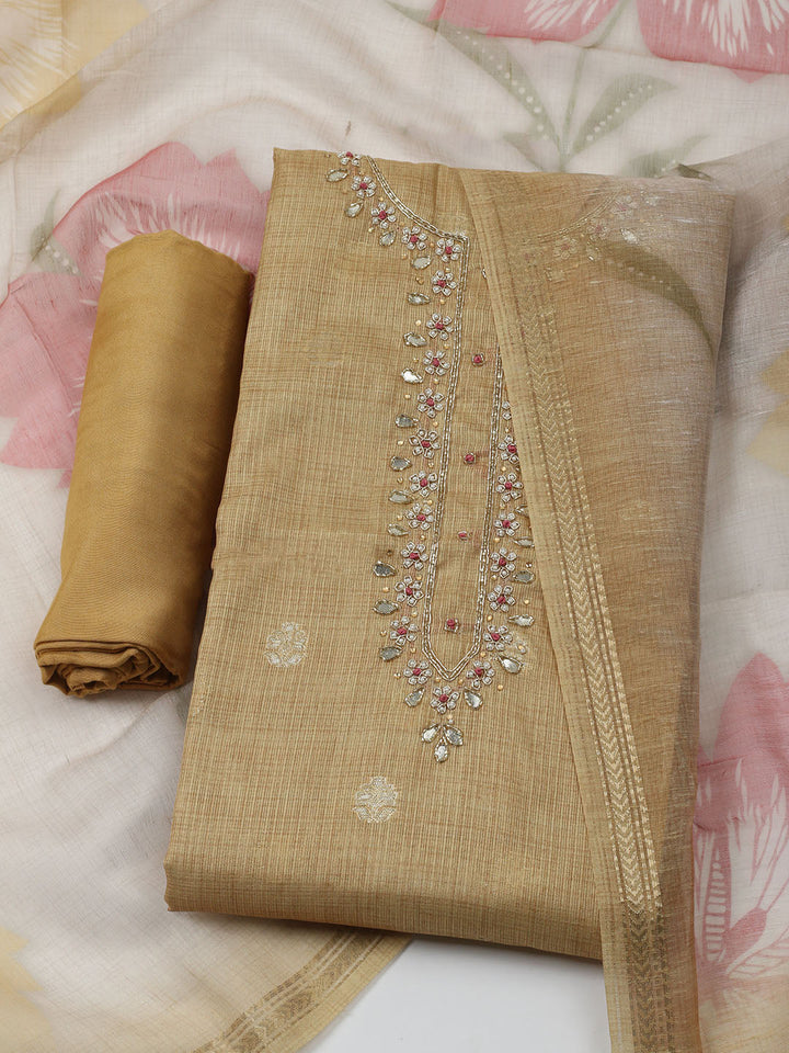 Embroidered Linen Unstitched Kurta With Pant &amp; Dupatta