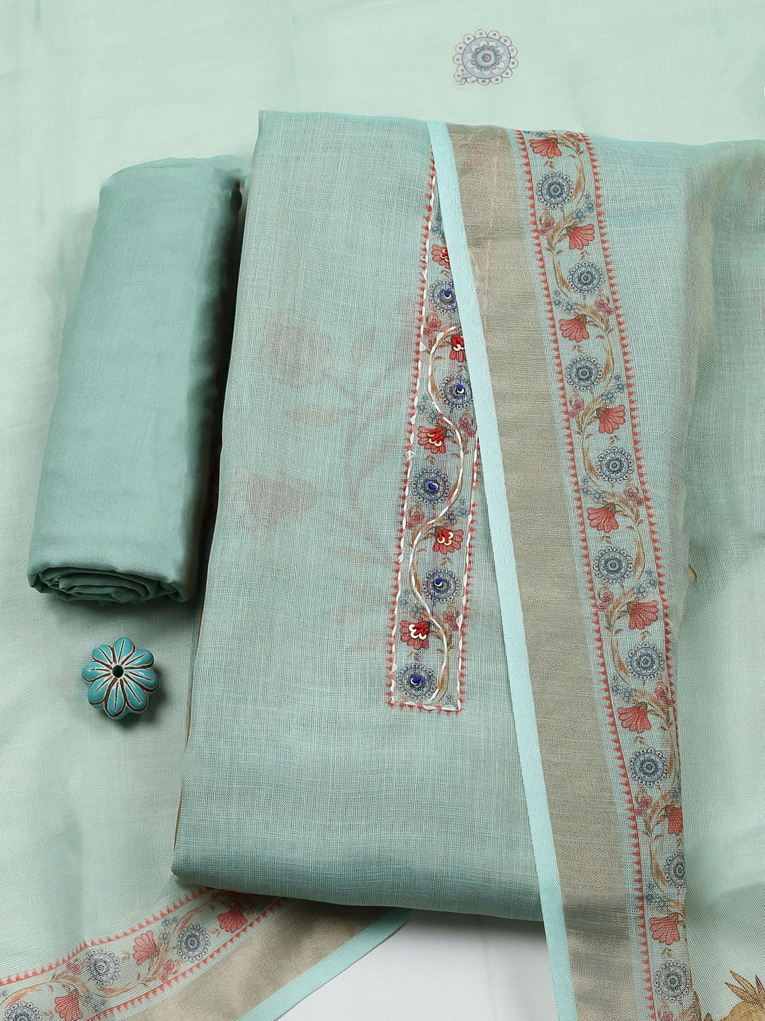 Embroidered Cotton Blend Unstitched Suit With Pant &amp; Dupatta