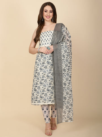 Floral Printed Cotton Unstitched Suit Piece With Dupatta