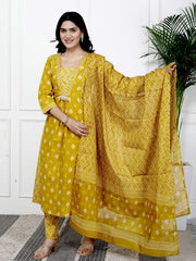 Printed Cotton Blend Kurta With Pants & Dupatta